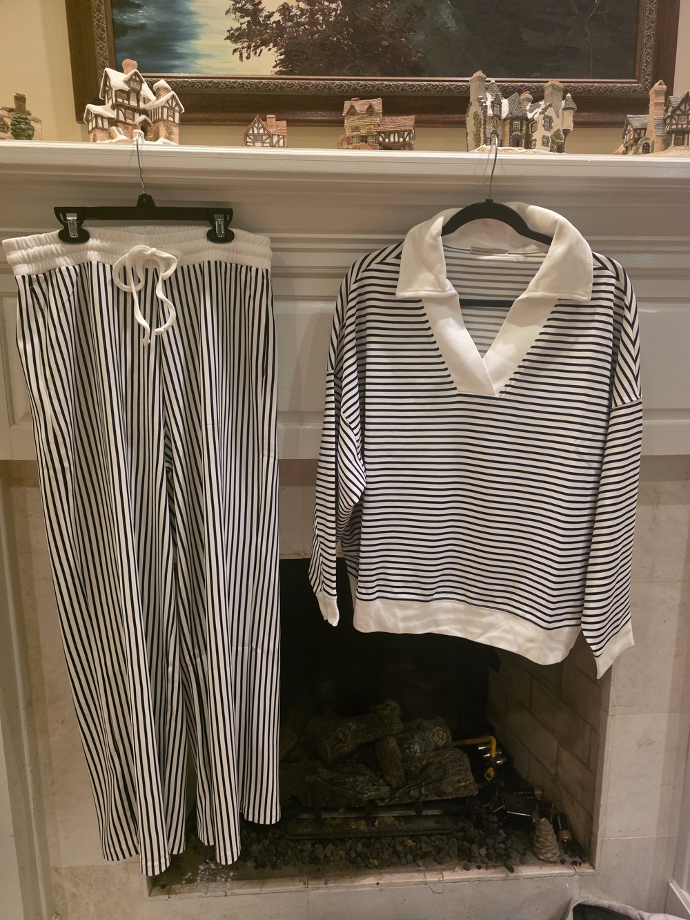 Zenana Outfitters Navy and White Striped Wide Leg Pants with Matching Pullover